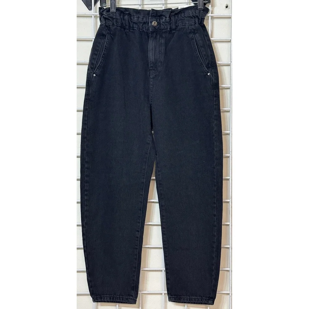 Zara Baggy Fit Paperbag Waist Carrot Leg Jeans Black Rigid Denim Womens 4 NEW - Picture 2 of 10